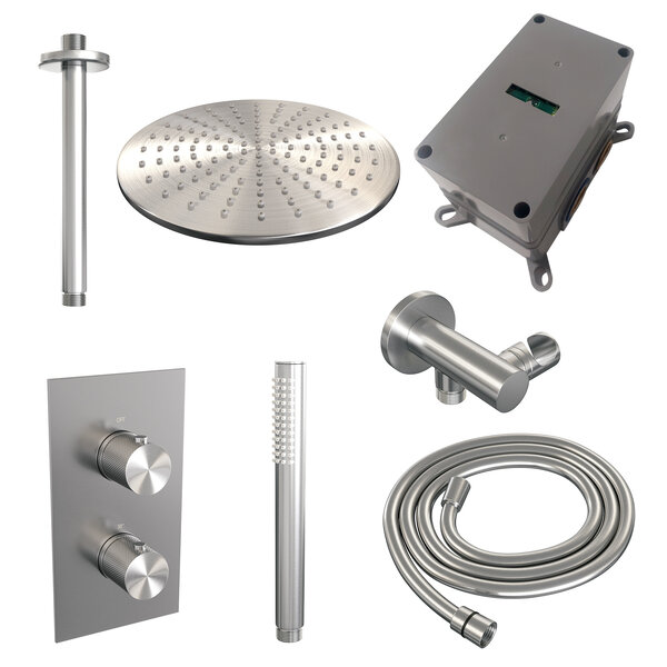 Brauer Brauer Brushed Carving Regendoucheset: Thermostatische Inbouwkraan met 3-Weg Omstel, Plafondarm, Douchekop 30cm, Wandhouder met Wateruitlaat, Staafhanddouche & Doucheslang - Set 30 - Geribbeld Draaiknoppen - PVD - Geborsteld RVS
