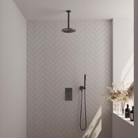 Brauer Brauer Gunmetal Carving Regendoucheset: Thermostatische Inbouwkraan met 3-Weg Omstel, Plafondarm, Douchekop 20cm, Wandhouder met Wateruitlaat, Staafhanddouche & Doucheslang - Set 29 - Geribbeld Draaiknoppen - PVD - Geborsteld Gunmetal