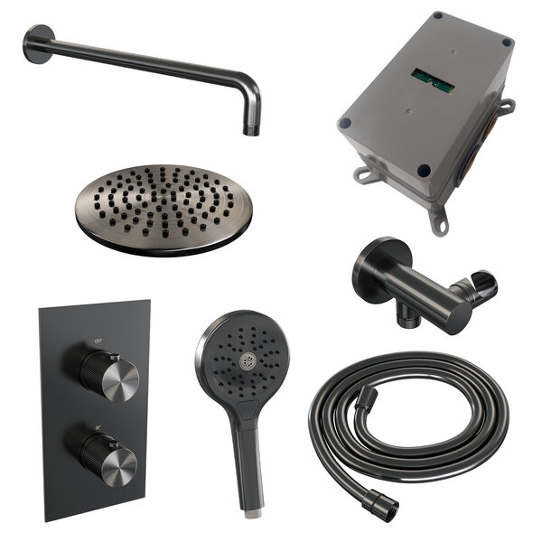 Brauer Brauer Gunmetal Carving Regendoucheset: Thermostatische Inbouwkraan met 3-Weg Omstel, Gebogen Wandarm, Douchekop Ø20cm, Wandhouder met Wateruitlaat, 3-Standen Handdouche & Doucheslang - Set 33 - Geribbeld Draaiknoppen - PVD - Geborsteld Gunmetal