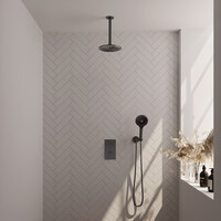 Brauer Brauer Gunmetal Carving Regendoucheset: Thermostatische Inbouwkraan met 3-Weg Omstel, Plafondarm, Douchekop 20cm, Wandhouder met Wateruitlaat, 3-Standen Handdouche & Doucheslang - Set 35 - Geribbeld Draaiknoppen - PVD - Geborsteld Gunmetal