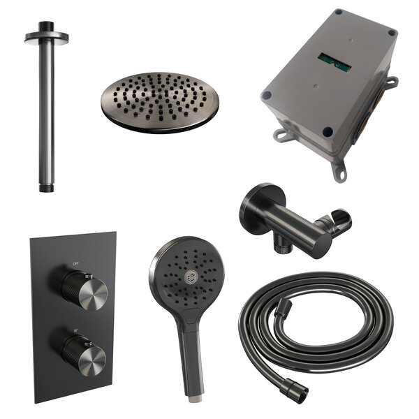 Brauer Brauer Gunmetal Carving Regendoucheset: Thermostatische Inbouwkraan met 3-Weg Omstel, Plafondarm, Douchekop 20cm, Wandhouder met Wateruitlaat, 3-Standen Handdouche & Doucheslang - Set 35 - Geribbeld Draaiknoppen - PVD - Geborsteld Gunmetal