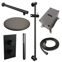 Brauer Brauer Black Carving Regendoucheset: Thermostatische Inbouwkraan met 3-Weg Omstel, Rechte Wandarm, Douchekop 30cm, Glijstang met Wateruitlaat, Staafhanddouche & Doucheslang - Set 38 - Geribbeld Draaiknoppen - Mat Zwart