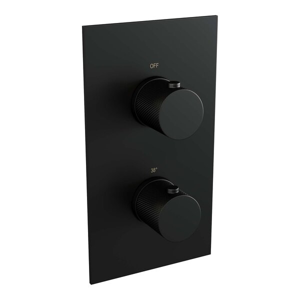 Brauer Brauer Black Carving Regendoucheset: Thermostatische Inbouwkraan met 3-Weg Omstel, Rechte Wandarm, Douchekop 30cm, Glijstang met Wateruitlaat, Staafhanddouche & Doucheslang - Set 38 - Geribbeld Draaiknoppen - Mat Zwart