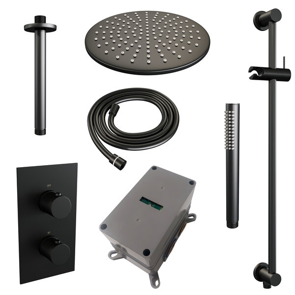 Brauer Brauer Black Carving Regendoucheset: Thermostatische Inbouwkraan met 3-Weg Omstel, Plafondarm, Douchekop 30cm, Glijstang met Wateruitlaat, Staafhanddouche & Doucheslang - Set 42 - Geribbeld Draaiknoppen - Mat Zwart