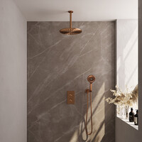 Brauer Brauer Copper Carving Regendoucheset: Thermostatische Inbouwkraan met 3-Weg Omstel, Plafondarm, Douchekop 30cm, Wandhouder met Wateruitlaat, 3-Standen Handdouche & Doucheslang - Set 36 - Geribbeld Draaiknoppen - PVD - Geborsteld Koper