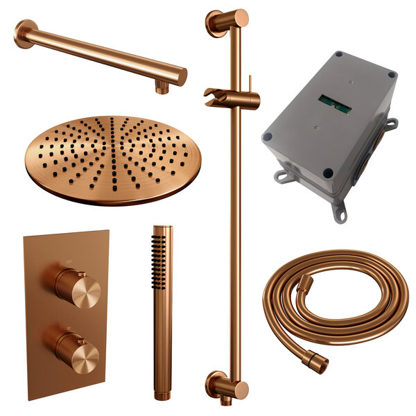 Brauer Brauer Copper Carving Regendoucheset: Thermostatische Inbouwkraan met 3-Weg Omstel, Rechte Wandarm, Douchekop 30cm, Glijstang met Wateruitlaat, Staafhanddouche & Doucheslang - Set 38 - Geribbeld Draaiknoppen - PVD - Geborsteld Koper