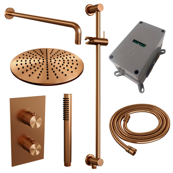 Brauer Brauer Copper Carving Regendoucheset: Thermostatische Inbouwkraan met 3-Weg Omstel, Gebogen Wandarm, Douchekop Ø30cm, Glijstang met Wateruitlaat, Staafhanddouche & Doucheslang - Set 40 - Geribbeld Draaiknoppen - PVD - Geborsteld Koper