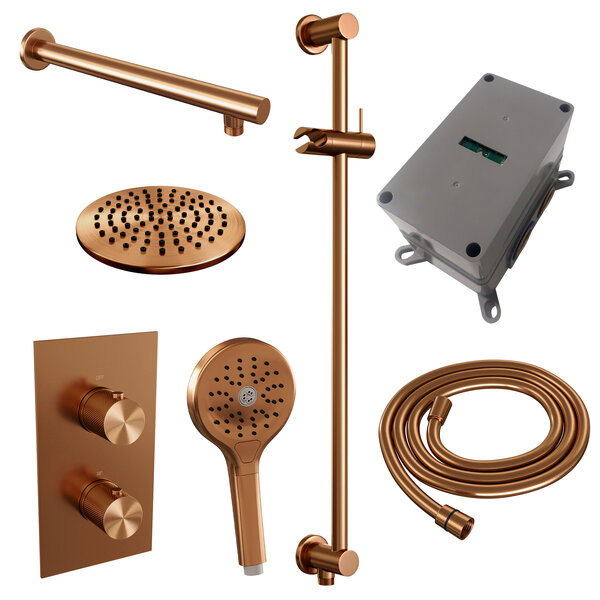 Brauer Brauer Copper Carving Regendoucheset: Thermostatische Inbouwkraan met 3-Weg Omstel, Rechte Wandarm, Douchekop 20cm, Glijstang met Wateruitlaat, 3-Standen Handdouche & Doucheslang - Set 43 - Geribbeld Draaiknoppen - PVD - Geborsteld Koper