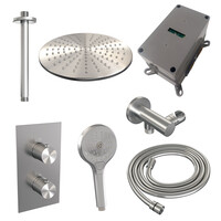 Brauer Brauer Brushed Carving Regendoucheset: Thermostatische Inbouwkraan met 3-Weg Omstel, Plafondarm, Douchekop 30cm, Wandhouder met Wateruitlaat, 3-Standen Handdouche & Doucheslang - Set 36 - Geribbeld Draaiknoppen - PVD - Geborsteld RVS