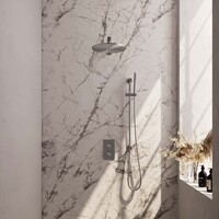 Brauer Brauer Brushed Carving Regendoucheset: Thermostatische Inbouwkraan met 3-Weg Omstel, Rechte Wandarm, Douchekop 30cm, Glijstang met Wateruitlaat, Staafhanddouche & Doucheslang - Set 38 - Geribbeld Draaiknoppen - PVD - Geborsteld RVS