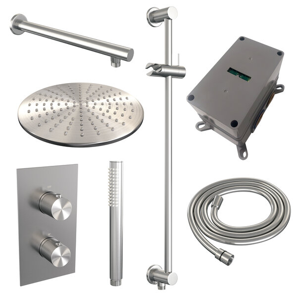 Brauer Brauer Brushed Carving Regendoucheset: Thermostatische Inbouwkraan met 3-Weg Omstel, Rechte Wandarm, Douchekop 30cm, Glijstang met Wateruitlaat, Staafhanddouche & Doucheslang - Set 38 - Geribbeld Draaiknoppen - PVD - Geborsteld RVS