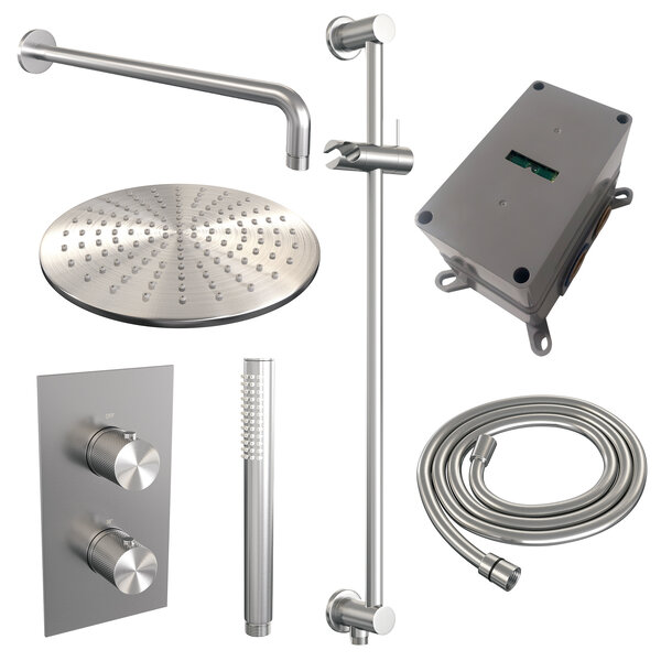Brauer Brauer Brushed Carving Regendoucheset: Thermostatische Inbouwkraan met 3-Weg Omstel, Gebogen Wandarm, Douchekop 30cm, Glijstang met Wateruitlaat, Staafhanddouche & Doucheslang - Set 40 - Geribbeld Draaiknoppen - PVD - Geborsteld RVS