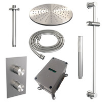 Brauer Brauer Brushed Carving Regendoucheset: Thermostatische Inbouwkraan met 3-Weg Omstel, Plafondarm, Douchekop 30cm, Glijstang met Wateruitlaat, Staafhanddouche & Doucheslang - Set 42 - Geribbeld Draaiknoppen - PVD - Geborsteld RVS