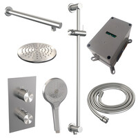 Brauer Brauer Brushed Carving Regendoucheset: Thermostatische Inbouwkraan met 3-Weg Omstel, Rechte Wandarm, Douchekop 20cm, Glijstang met Wateruitlaat, 3-Standen Handdouche & Doucheslang - Set 43 - Geribbeld Draaiknoppen - PVD - Geborsteld RVS