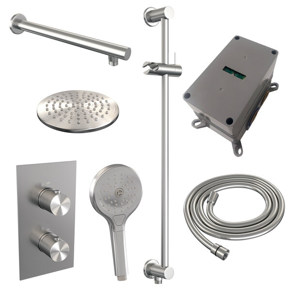 Brauer Brauer Brushed Carving Regendoucheset: Thermostatische Inbouwkraan met 3-Weg Omstel, Rechte Wandarm, Douchekop 20cm, Glijstang met Wateruitlaat, 3-Standen Handdouche & Doucheslang - Set 43 - Geribbeld Draaiknoppen - PVD - Geborsteld RVS