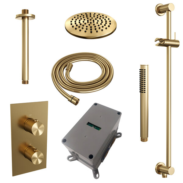 Brauer Brauer Gold Carving Regendoucheset: Thermostatische Inbouwkraan met 3-Weg Omstel, Plafondarm, Douchekop 20cm, Glijstang met Wateruitlaat, Staafhanddouche & Doucheslang - Set 41 - Geribbeld Draaiknoppen - PVD - Geborsteld Goud