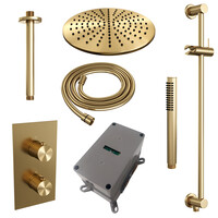 Brauer Brauer Gold Carving Regendoucheset: Thermostatische Inbouwkraan met 3-Weg Omstel, Plafondarm, Douchekop 30cm, Glijstang met Wateruitlaat, Staafhanddouche & Doucheslang - Set 42 - Geribbeld Draaiknoppen - PVD - Geborsteld Goud