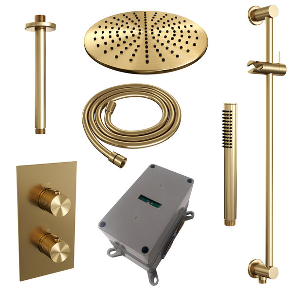 Brauer Brauer Gold Carving Regendoucheset: Thermostatische Inbouwkraan met 3-Weg Omstel, Plafondarm, Douchekop 30cm, Glijstang met Wateruitlaat, Staafhanddouche & Doucheslang - Set 42 - Geribbeld Draaiknoppen - PVD - Geborsteld Goud