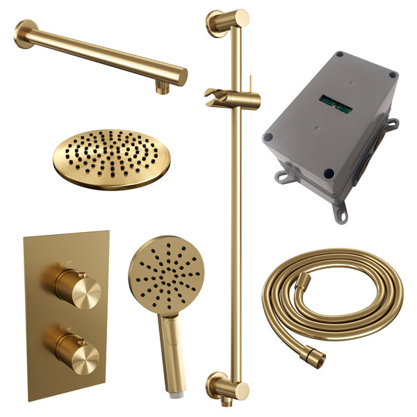 Brauer Brauer Gold Carving Regendoucheset: Thermostatische Inbouwkraan met 3-Weg Omstel, Rechte Wandarm, Douchekop 20cm, Glijstang met Wateruitlaat, 3-Standen Handdouche & Doucheslang - Set 43 - Geribbeld Draaiknoppen - PVD - Geborsteld Goud