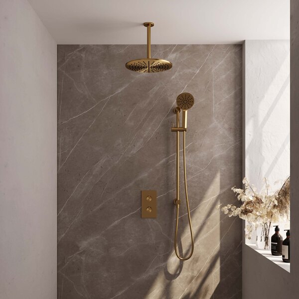 Brauer Brauer Gold Carving Regendoucheset: Thermostatische Inbouwkraan met 3-Weg Omstel, Plafondarm, Douchekop 30cm, Glijstang met Wateruitlaat, 3-Standen Handdouche & Doucheslang - Set 48 - Geribbeld Draaiknoppen - PVD - Geborsteld Goud
