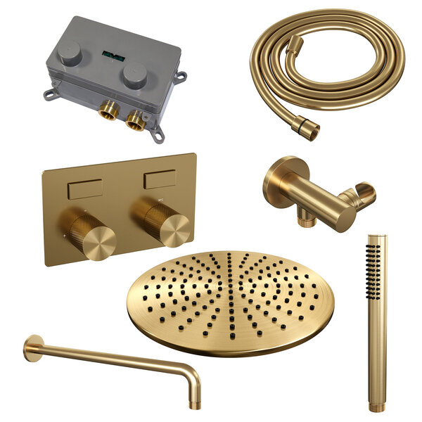 Brauer Brauer Gold Carving Regendoucheset: Thermostatische Inbouwkraan met Drukknoppen, Gebogen Wandarm, Douchekop 30cm, Wandhouder met Wateruitlaat, Staafhanddouche & Doucheslang - Set 52 - Geribbeld Draaiknoppen - PVD - Geborsteld Goud