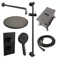 Brauer Brauer Black Carving Regendoucheset: Thermostatische Inbouwkraan met 3-Weg Omstel, Gebogen Wandarm, Douchekop 30cm, Glijstang met Wateruitlaat, 3-Standen Handdouche & Doucheslang - Set 46 - Geribbeld Draaiknoppen - Mat Zwart