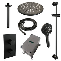 Brauer Brauer Black Carving Regendoucheset: Thermostatische Inbouwkraan met 3-Weg Omstel, Plafondarm, Douchekop 30cm, Glijstang met Wateruitlaat, 3-Standen Handdouche & Doucheslang - Set 48 - Geribbeld Draaiknoppen - Mat Zwart