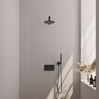 Brauer Brauer Black Carving Regendoucheset: Thermostatische Inbouwkraan met Drukknoppen, Rechte Wandarm, Douchekop 20cm, Wandhouder met Wateruitlaat, Staafhanddouche & Doucheslang - Set 49 - Geribbeld Draaiknoppen - Mat Zwart