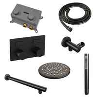 Brauer Brauer Black Carving Regendoucheset: Thermostatische Inbouwkraan met Drukknoppen, Rechte Wandarm, Douchekop 20cm, Wandhouder met Wateruitlaat, Staafhanddouche & Doucheslang - Set 49 - Geribbeld Draaiknoppen - Mat Zwart