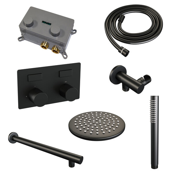 Brauer Brauer Black Carving Regendoucheset: Thermostatische Inbouwkraan met Drukknoppen, Rechte Wandarm, Douchekop 20cm, Wandhouder met Wateruitlaat, Staafhanddouche & Doucheslang - Set 49 - Geribbeld Draaiknoppen - Mat Zwart