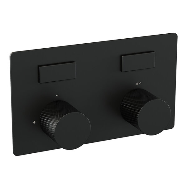 Brauer Brauer Black Carving Regendoucheset: Thermostatische Inbouwkraan met Drukknoppen, Rechte Wandarm, Douchekop 20cm, Wandhouder met Wateruitlaat, Staafhanddouche & Doucheslang - Set 49 - Geribbeld Draaiknoppen - Mat Zwart