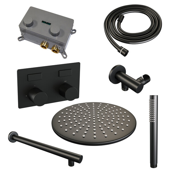 Brauer Brauer Black Carving Regendoucheset: Thermostatische Inbouwkraan met Drukknoppen, Rechte Wandarm, Douchekop 30cm, Wandhouder met Wateruitlaat, Staafhanddouche & Doucheslang - Set 50 - Geribbeld Draaiknoppen - Mat Zwart