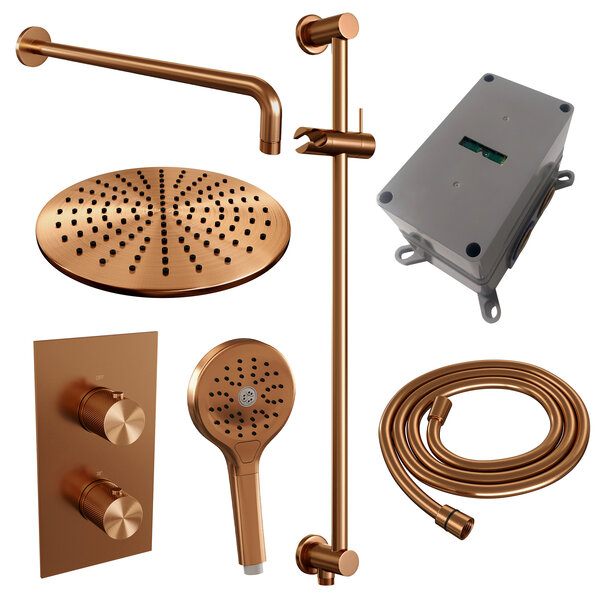 Brauer Brauer Copper Carving Regendoucheset: Thermostatische Inbouwkraan met 3-Weg Omstel, Gebogen Wandarm, Douchekop 30cm, Glijstang met Wateruitlaat, 3-Standen Handdouche & Doucheslang - Set 46 - Geribbeld Draaiknoppen - PVD - Geborsteld Koper