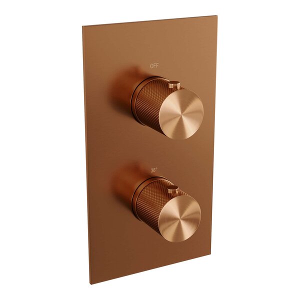 Brauer Brauer Copper Carving Regendoucheset: Thermostatische Inbouwkraan met 3-Weg Omstel, Gebogen Wandarm, Douchekop 30cm, Glijstang met Wateruitlaat, 3-Standen Handdouche & Doucheslang - Set 46 - Geribbeld Draaiknoppen - PVD - Geborsteld Koper