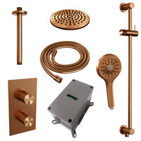 Brauer Brauer Copper Carving Regendoucheset: Thermostatische Inbouwkraan met 3-Weg Omstel, Plafondarm, Douchekop 20cm, Glijstang met Wateruitlaat, 3-Standen Handdouche & Doucheslang - Set 47 - Geribbeld Draaiknoppen - PVD - Geborsteld Koper