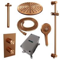 Brauer Brauer Copper Carving Regendoucheset: Thermostatische Inbouwkraan met 3-Weg Omstel, Plafondarm, Douchekop 30cm, Glijstang met Wateruitlaat, 3-Standen Handdouche & Doucheslang - Set 48 - Geribbeld Draaiknoppen - PVD - Geborsteld Koper
