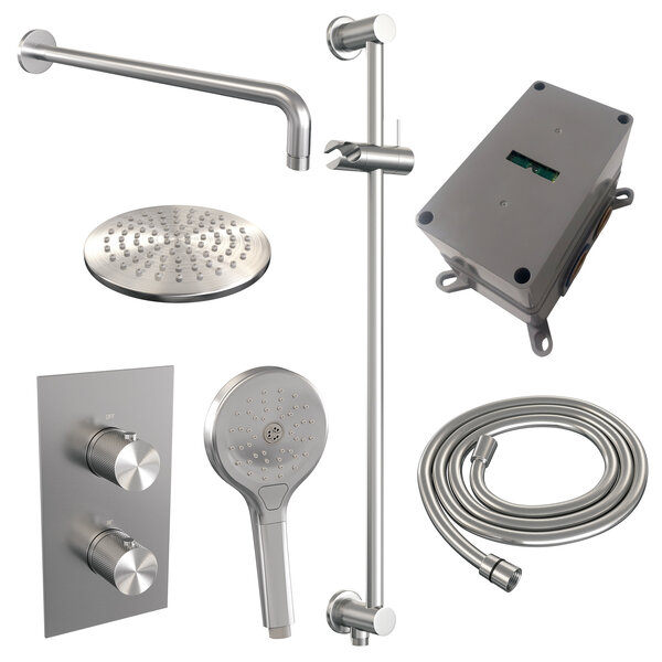 Brauer Brauer Brushed Carving Regendoucheset: Thermostatische Inbouwkraan met 3-Weg Omstel, Gebogen Wandarm, Douchekop 20cm, Glijstang met Wateruitlaat, 3-Standen Handdouche & Doucheslang - Set 45 - Geribbeld Draaiknoppen - PVD - Geborsteld RVS