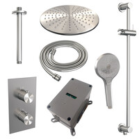 Brauer Brauer Brushed Carving Regendoucheset: Thermostatische Inbouwkraan met 3-Weg Omstel, Plafondarm, Douchekop 30cm, Glijstang met Wateruitlaat, 3-Standen Handdouche & Doucheslang - Set 48 - Geribbeld Draaiknoppen - PVD - Geborsteld RVS