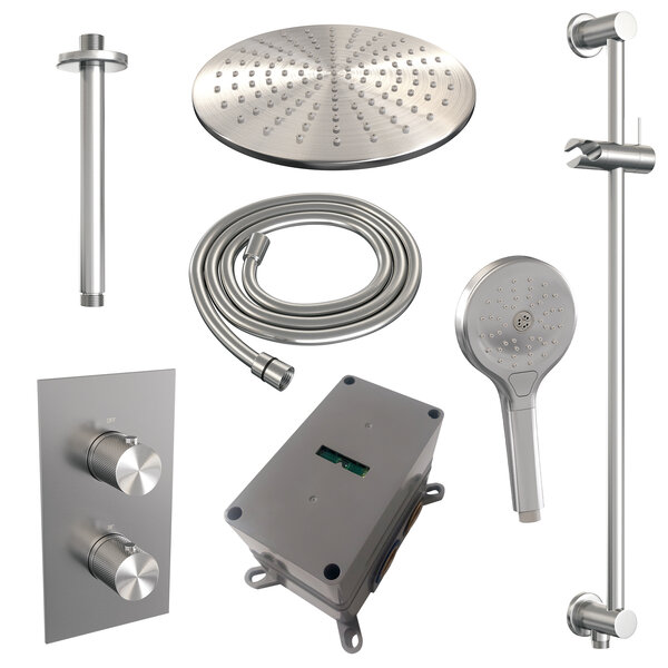 Brauer Brauer Brushed Carving Regendoucheset: Thermostatische Inbouwkraan met 3-Weg Omstel, Plafondarm, Douchekop 30cm, Glijstang met Wateruitlaat, 3-Standen Handdouche & Doucheslang - Set 48 - Geribbeld Draaiknoppen - PVD - Geborsteld RVS
