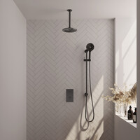 Brauer Brauer Gunmetal Carving Regendoucheset: Thermostatische Inbouwkraan met 3-Weg Omstel, Plafondarm, Douchekop 20cm, Glijstang met Wateruitlaat, 3-Standen Handdouche & Doucheslang - Set 47 - Geribbeld Draaiknoppen - PVD - Geborsteld Gunmetal
