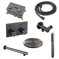 Brauer Brauer Gunmetal Carving Regendoucheset: Thermostatische Inbouwkraan met Drukknoppen, Rechte Wandarm, Douchekop 20cm, Wandhouder met Wateruitlaat, Staafhanddouche & Doucheslang - Set 49 - Geribbeld Draaiknoppen - PVD - Geborsteld Gunmetal