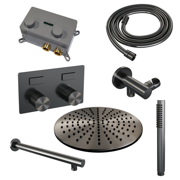 Brauer Brauer Gunmetal Carving Regendoucheset: Thermostatische Inbouwkraan met Drukknoppen, Rechte Wandarm, Douchekop 30cm, Wandhouder met Wateruitlaat, Staafhanddouche & Doucheslang - Set 50 - Geribbeld Draaiknoppen - PVD - Geborsteld Gunmetal