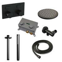 Brauer Brauer Black Carving Regendoucheset: Thermostatische Inbouwkraan met Drukknoppen, Plafondarm, Douchekop 20cm, Wandhouder met Wateruitlaat, Staafhanddouche & Doucheslang - Set 53 - Geribbeld Draaiknoppen - Mat Zwart