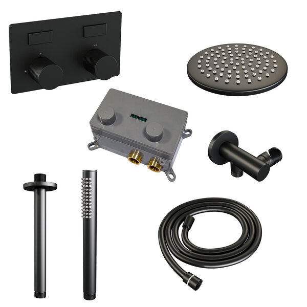 Brauer Brauer Black Carving Regendoucheset: Thermostatische Inbouwkraan met Drukknoppen, Plafondarm, Douchekop 20cm, Wandhouder met Wateruitlaat, Staafhanddouche & Doucheslang - Set 53 - Geribbeld Draaiknoppen - Mat Zwart