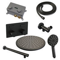 Brauer Brauer Black Carving Regendoucheset: Thermostatische Inbouwkraan met Drukknoppen, Rechte Wandarm, Douchekop 30cm, Wandhouder met Wateruitlaat, 3-Standen Handdouche & Doucheslang - Set 56 - Geribbeld Draaiknoppen - Mat Zwart