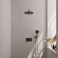 Brauer Brauer Black Carving Regendoucheset: Thermostatische Inbouwkraan met Drukknoppen, Gebogen Wandarm, Douchekop 30cm, Wandhouder met Wateruitlaat, 3-Standen Handdouche & Doucheslang - Set 58 - Geribbeld Draaiknoppen - Mat Zwart