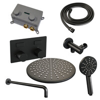 Brauer Brauer Black Carving Regendoucheset: Thermostatische Inbouwkraan met Drukknoppen, Gebogen Wandarm, Douchekop 30cm, Wandhouder met Wateruitlaat, 3-Standen Handdouche & Doucheslang - Set 58 - Geribbeld Draaiknoppen - Mat Zwart
