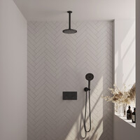 Brauer Brauer Black Carving Regendoucheset: Thermostatische Inbouwkraan met Drukknoppen, Plafondarm, Douchekop 20cm, Wandhouder met Wateruitlaat, 3-Standen Handdouche & Doucheslang - Set 59 - Geribbeld Draaiknoppen - Mat Zwart
