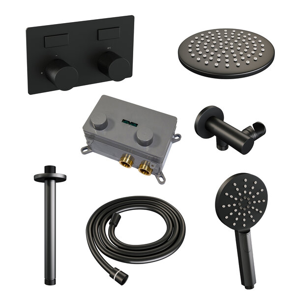 Brauer Brauer Black Carving Regendoucheset: Thermostatische Inbouwkraan met Drukknoppen, Plafondarm, Douchekop 20cm, Wandhouder met Wateruitlaat, 3-Standen Handdouche & Doucheslang - Set 59 - Geribbeld Draaiknoppen - Mat Zwart