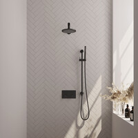 Brauer Brauer Black Carving Regendoucheset: Thermostatische Inbouwkraan met Drukknoppen, Rechte Wandarm, Douchekop 20cm, Glijstang met Wateruitlaat, Staafhanddouche & Doucheslang - Set 61 - Geribbeld Draaiknoppen - Mat Zwart